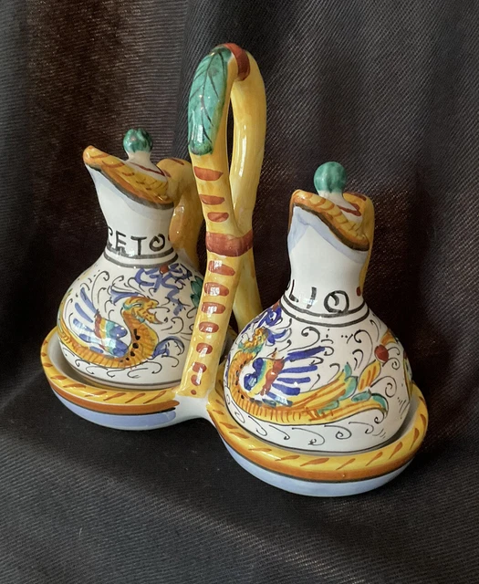 Deruta Italian Pottery Cruet Set,  Oil & Vinegar-dragon