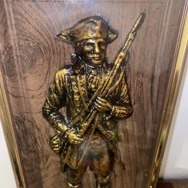 VTG Colonial American Soldier 6"x12" Shadow Box Wall Hanging 70s Military Brass