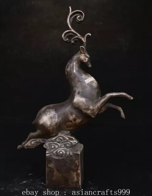 17.2" Alte chinesische Silber Lauf Hirsch Beast " 一鹿平安” Statue Skulptur