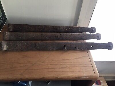 Antique Hand Forged Iron Barn Door Strap Hinges 25” Long Set Of 3
