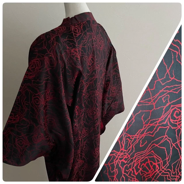 5146 Kimono Long Haori Black Red Michiyuki Coat Dochugi Antique Showa Retro