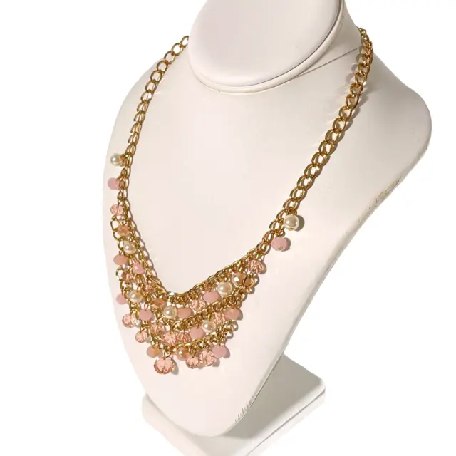 Pink Acrylic / White Faux Pearl Bib Necklace w/ Dangling Beads - Gold Tone ~ 21"