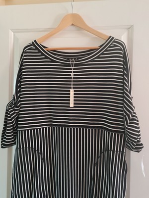 Max Studio Black and White Striped Tunic Dress XL Aprx UK 16 Stretch Half Sleeve