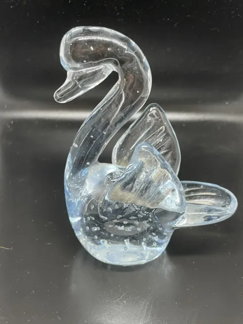 Clear Art Glass 4" Swan Paperweight Figurine with Controlled Bubbles