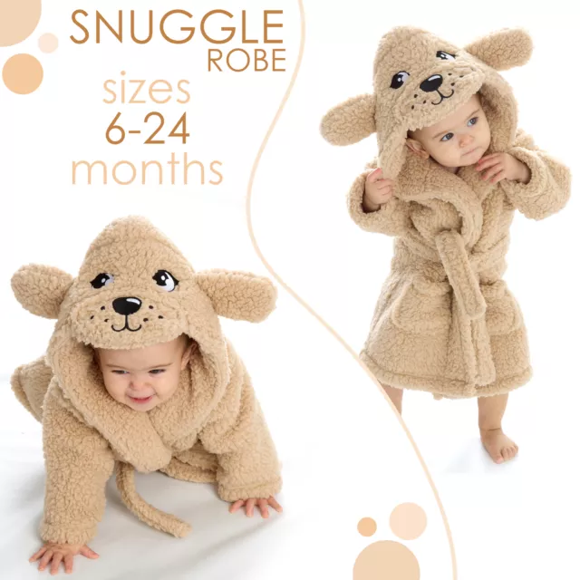 Baby Boys Girls Animal Hooded Snuggle Fleece Robe Puppy Dog Chunky Dressing Gown