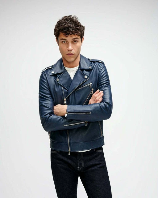 Mens Leather Jacket Blue Pure Lambskin Moto Biker Size S M L XL XXL Custom Made