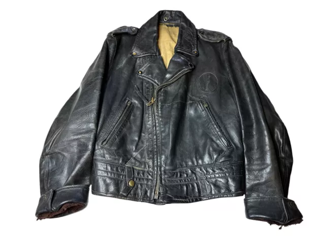 50s VTG Black Leather Horse Hide Motorcycle Jacket Moto Jacket RARE L NICE COOL