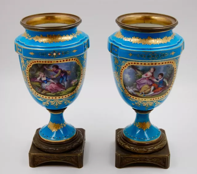 MAGNIFICENT 19C FRENCH PARIS HAND PAINTED SEVRES  VASE SET of 2 ...WOW