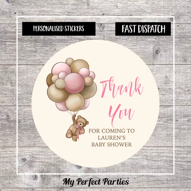 35 Personalised Pink Girl Teddy Bear Baby Shower Stickers Thank You Stickers