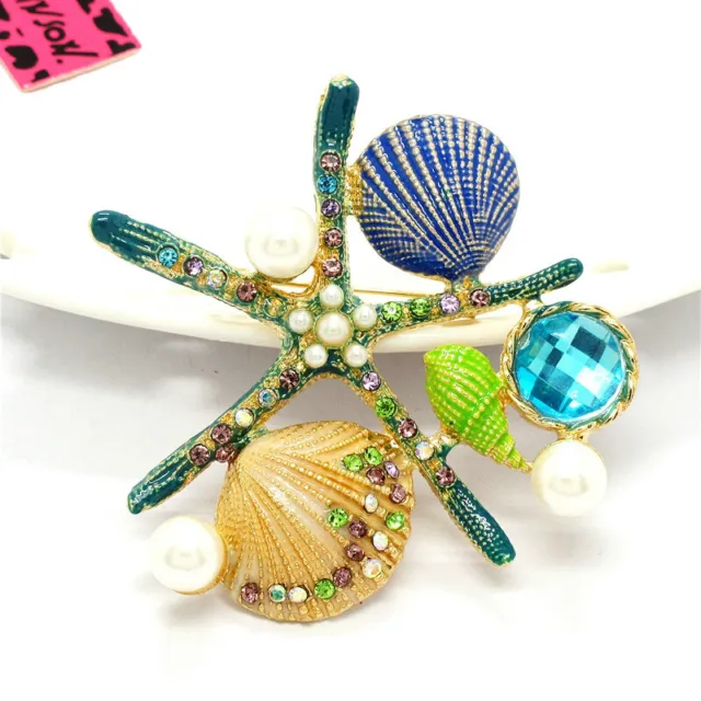 Cute Blue Enamel Cute Starfish Shell Crystal Betsey Johnson Charm Brooch Pin