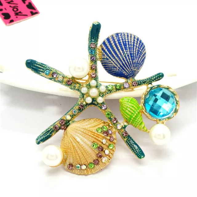 Cute Blue Enamel Cute Starfish Shell Crystal Fashion Women Charm Brooch Pin