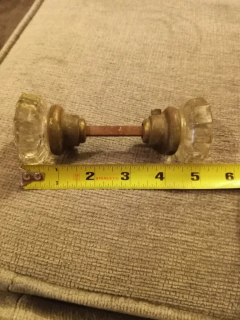 Antique 12 Point Glass Crystal & Brass 2" Door Knob Set Spindle Hardware