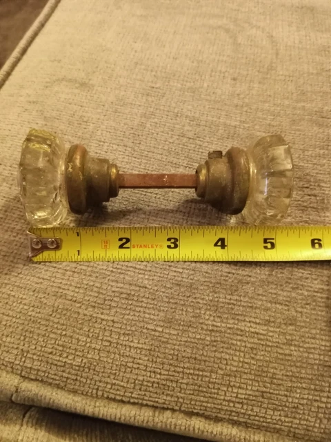 Antique 12 Point Glass Crystal & Brass 2" Door Knob Set Spindle Hardware