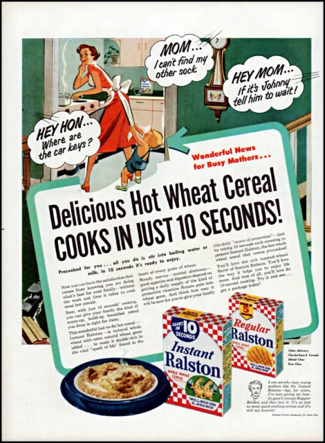 1952 Mom son breakfast Ralston Hot Cereal kitchen vintage art Print Ad adL2