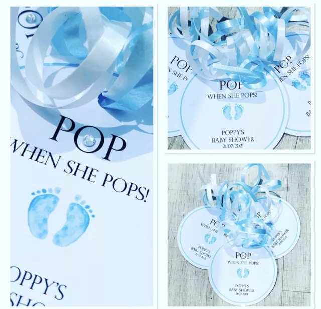 5 x Personalised Baby Shower Pop When She Pops Round Favour Tags Blue Baby Boy