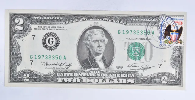 First Day Issue 1976 $2 Federal Reserve Note - Stamped! *522
