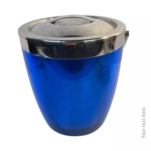 Chrome Ice Bucket Casamoda Blue Retro Acrylic Lucite Stainless 8" with Lid