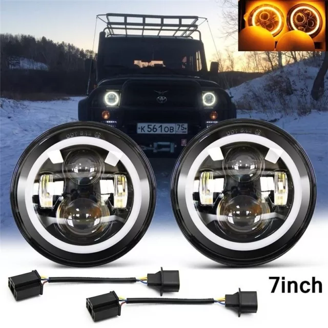 2x 7 Zoll Runde LED Scheinwerfer Halo Angle Eyes für Jeep Wrangler JK LJ 97-2018