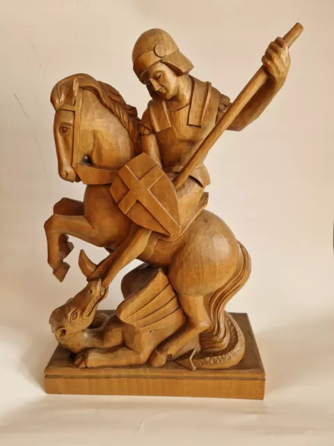 Holzfigur geschnitzt - Heiliger Georg auf dem Pferd mit Drachen - mit Sockel