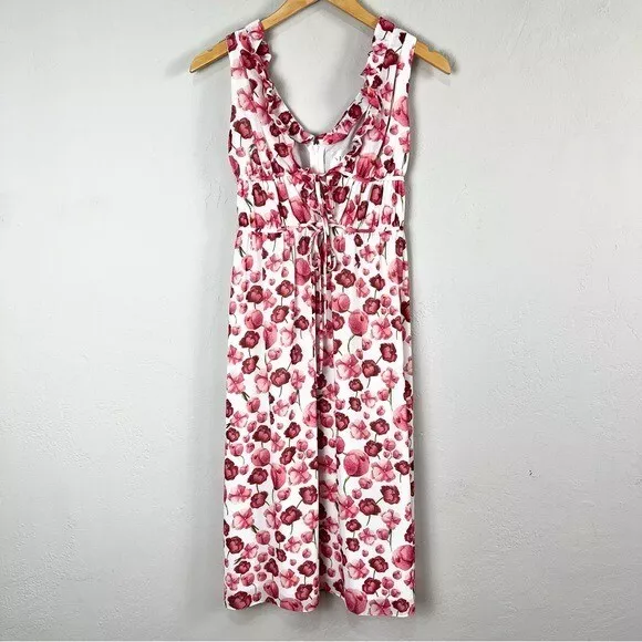 Samantha Sipos Strawberry Floral Chiffon Tie Front Pink White Midi Dress Size XS