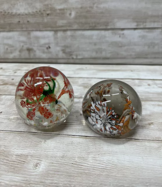 2 Art Glass Paperweights, Spherical, Small, Floral Theme 2”