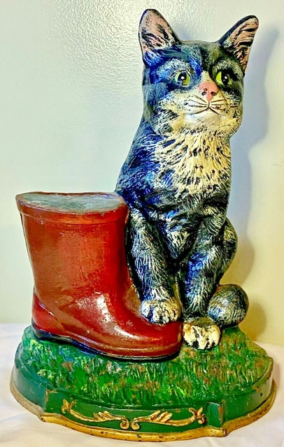 Antique Cast Iron Door Stop Cat Puss and Boots 11.5" Green Eyes Red Galoshes