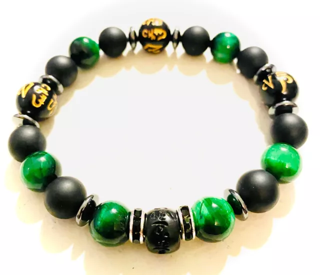 Lucky/wealth ,Green Tigers Eye & Onyx Natural Stone  Mens Bracelet.