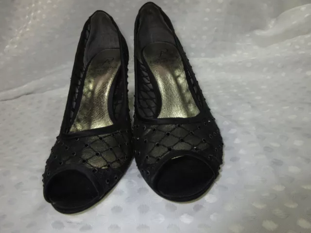 Adrianna Papell Jamie Black Satin/Mesh/Bejeweled Peeptoe Heels SZ 7M w/FLAW