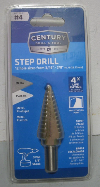 Century 27203 #4 Step Drill Bit 12 Hole Sizes 3/16"-7/8"
