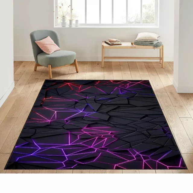 Neon Line Purple Rug, Beauty Rug, Black Carpet, Dark, Destruction, Glow, Gaming