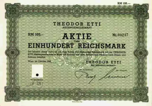 Theodor Etti 1942 Wien Bankverein Klosterneuburg Adria 100 RM Sektkellerei Obst