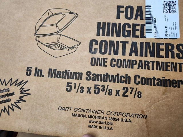 Dart 50HT1 - 5 in Medium Foam Hinged Sandwich Container 375 Ct in Sealed Sleeves