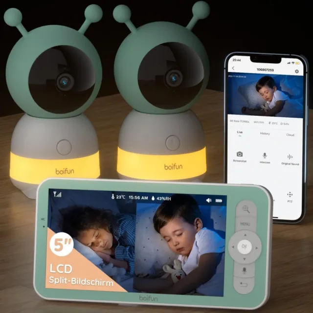 Babyphone mit 2 Kameras App,PTZ Automatische Verfolgung,Intelligente Pflege WLAN