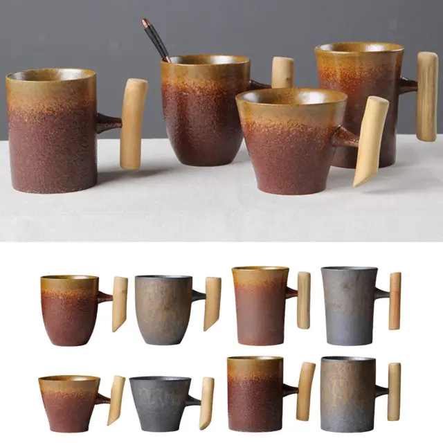 Elegant Ceramic Coffee Mug Rustic Effect Tea Cup with Wood Handle, Beer Milk