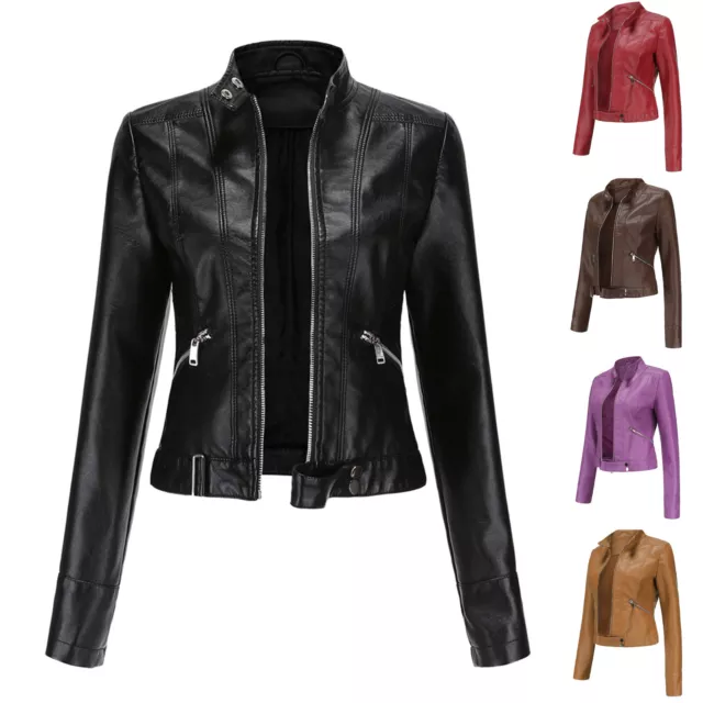 Womens Pu Leather Stand Collar Zipper Biker Jacket Slim Fit Outwear Casual Coat