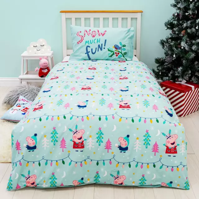 Peppa Pig Single Duvet Cover Set Xmas Snowman Kids 2-in-1 Designs Panel Bedding