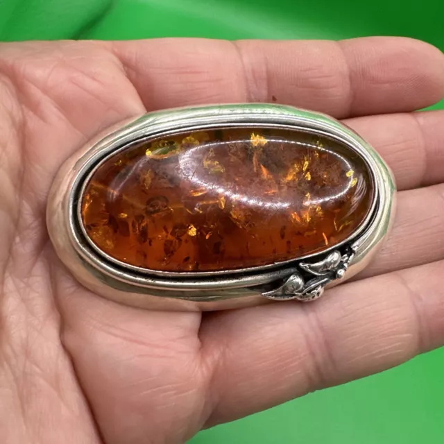 Huge 2.5inches wide Vintage Quality Sterling Silver And Amber 925 Brooch Pin  ❤️