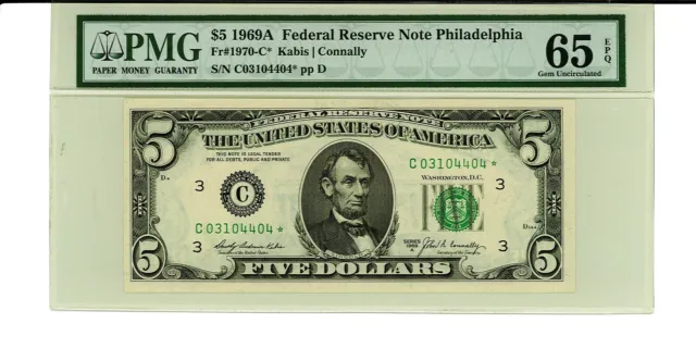 1969A $5 Federal Reserve Star Note - PMG 65 EPQ - GEM - Philadelphia - 1970-C*
