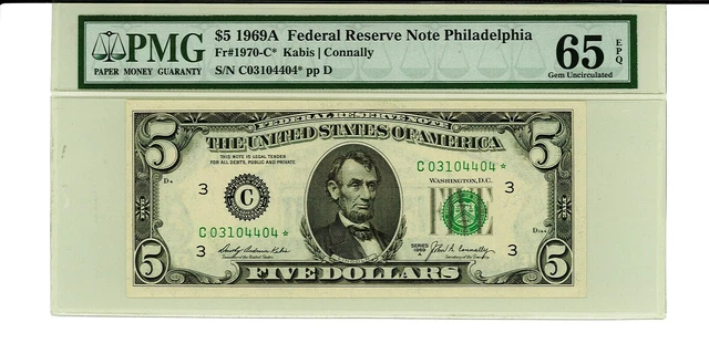 1969A $5 Federal Reserve Star Note - PMG 65 EPQ - GEM - Philadelphia - 1970-C*