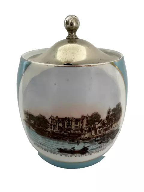 Lake District Victorian souvenir lidded jam pot Bowness Bay/Old England Hotel