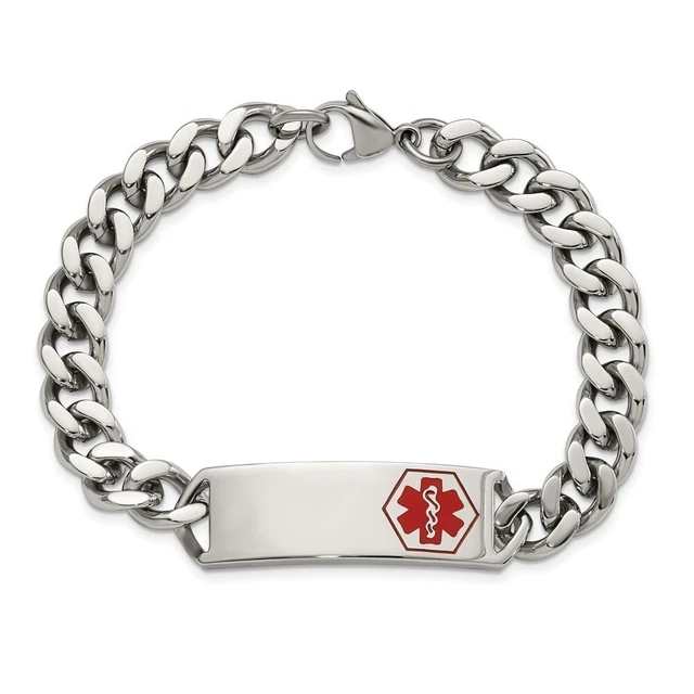 Mens Stainless Steel Red Enamel Medical I.D. Curb Bracelet, 8 Inch