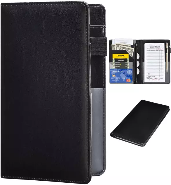 Leather Book Server Wallet With Zipper Cute Waitstaff Organizer Classic Black