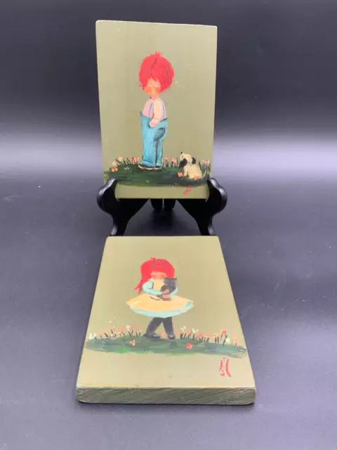 Vtg Org Signed Paintings on Wood Redheaded Little Boy and Girl with Dog & Cat 2