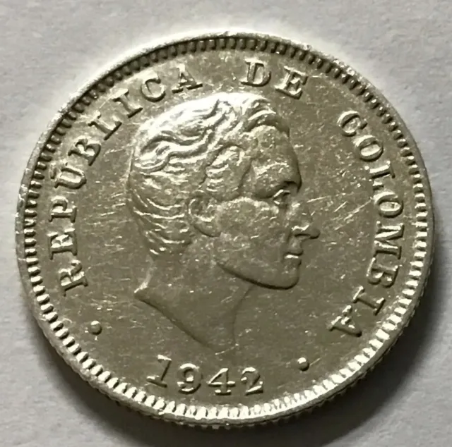 1942 Colombia 10 Ten Centavos Silver KM-196