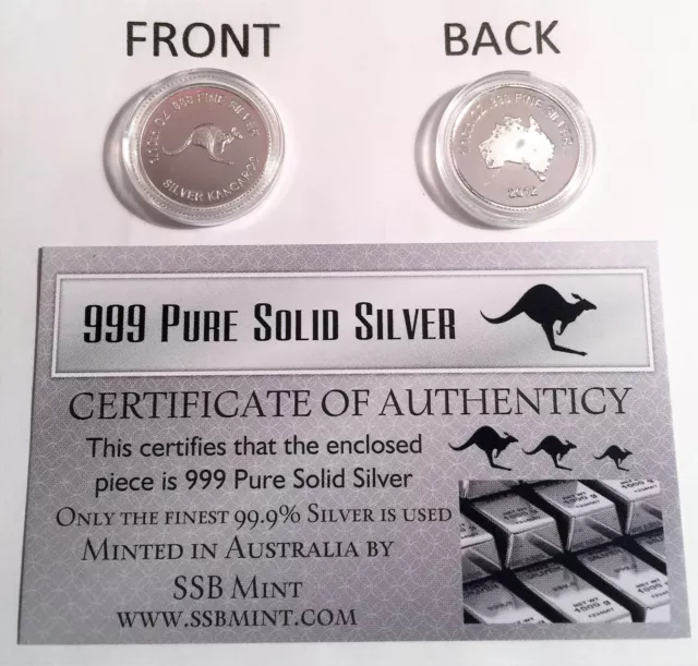 1/10th Oz 99.9% Pure Silver Bullion Coin, "Kangaroo" (C.O.A.) 14 to Collect