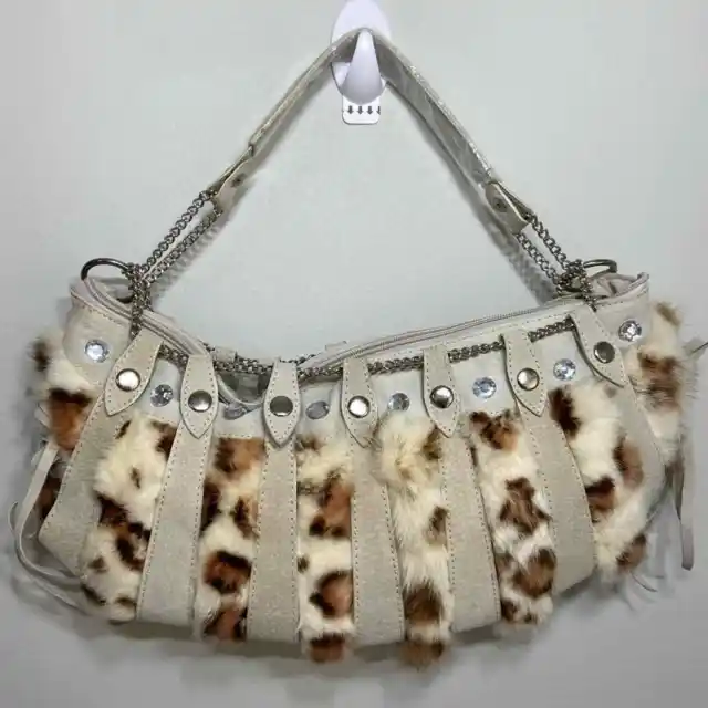 White Leopard Faux Fur and Faux Leather Shoulder Bag with silver chain accent
