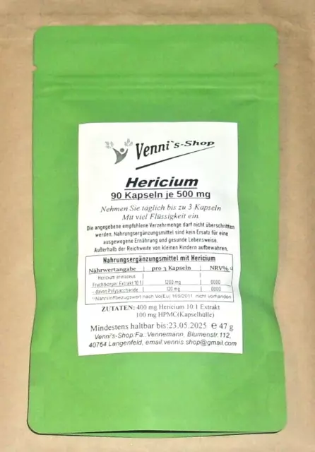 Hericium Kapseln - 90 Stück à 500 mg aus 10:1 Extrakt  Rohkostqualität  VEGAN