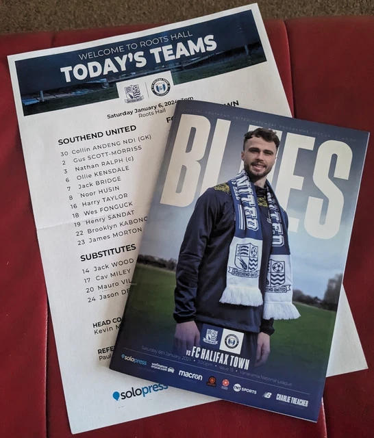 SOUTHEND UNITED V FC Halifax 06/01/24 matchday programme and teamsheet
