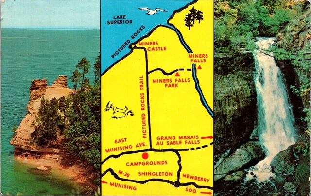 Miners Falls Park Munising Michigan Multi View Map Cities Chrome Postcard
