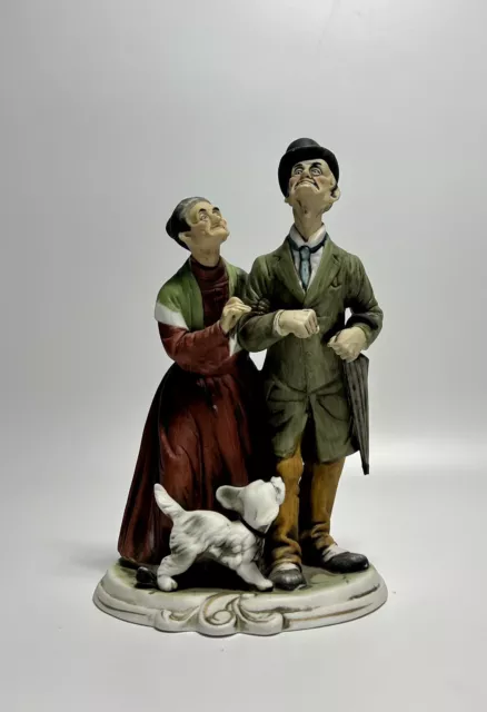 VTG Ceramic Figurine "Elderly Dressed Up Couples Walking with Their Puppy Japan